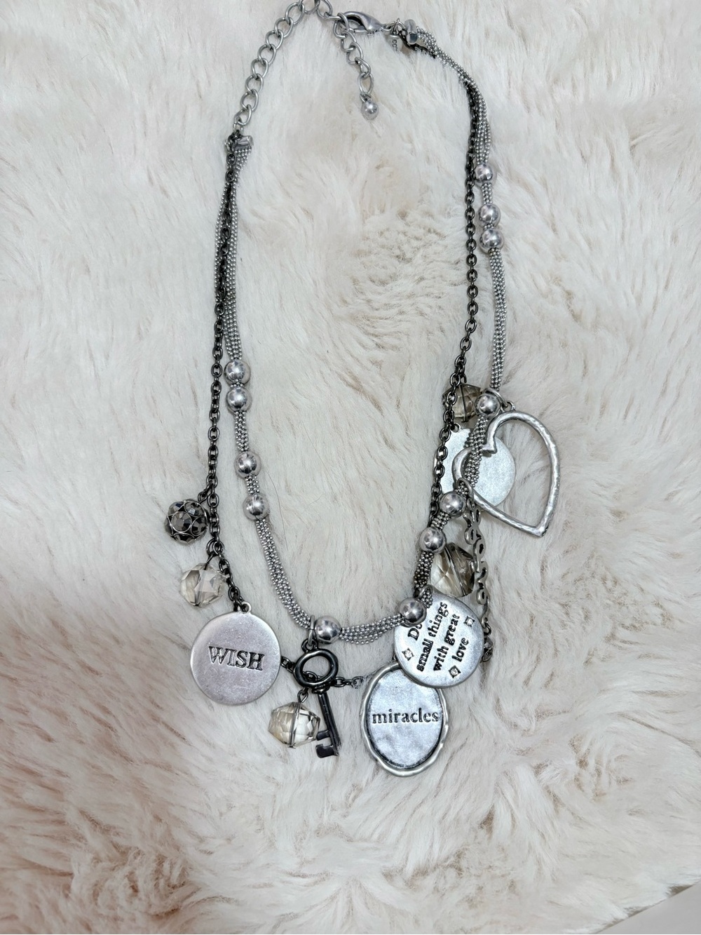Chico's Silver Layered Multi Strand Charm Necklace Wish Miracles Heart Key boho